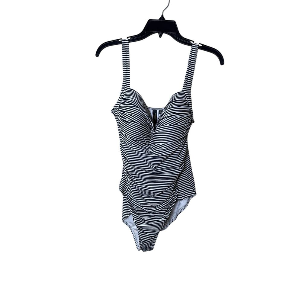 Niptuck One Piece Swimsuit Multi Cup Fit Black White Gold Stripe Size 16